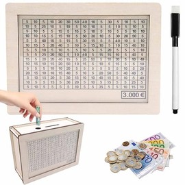 Money Box with Counter for 3000 Euro, Removable Marking Wooden Money Box - Reusable Cash Box with Target Tick