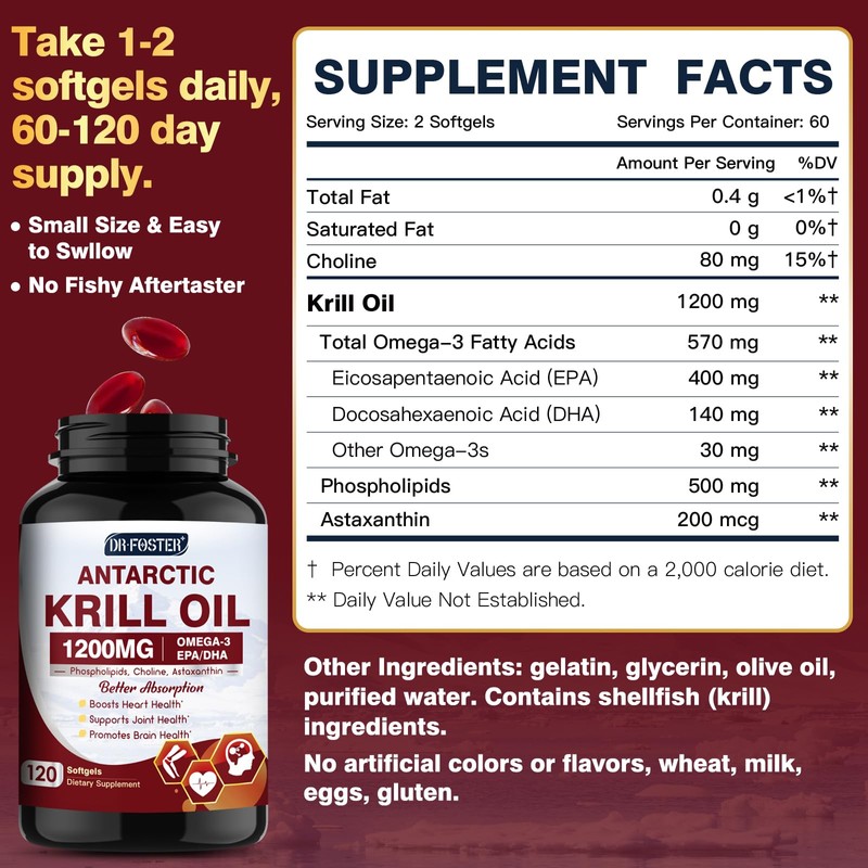 Krill Oil 1200mg, Antarctic Krill Oil Omega 3 Supplement with