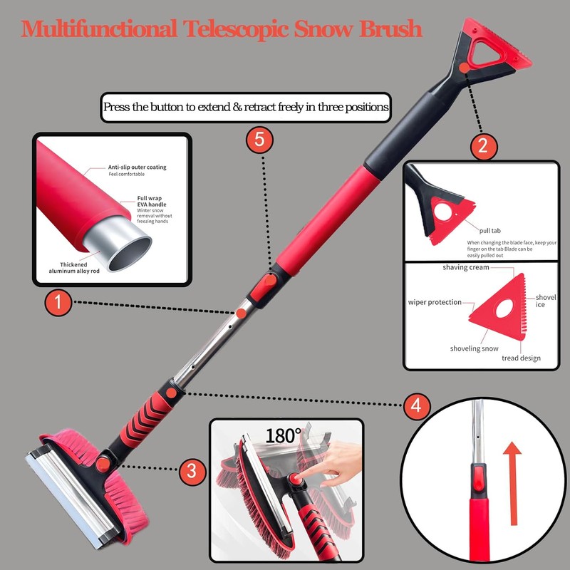 DE Anderqueen 42" Car Snow Brush & Ice Scraper Red