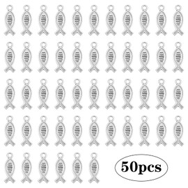 50pcs Antique Silver Faith Jesus Fish Charms Vintage Alloy Christian Fish Shape Pendant Charms Craft Supplies for DIY Bracelet Necklace Keychains Jewelry Making