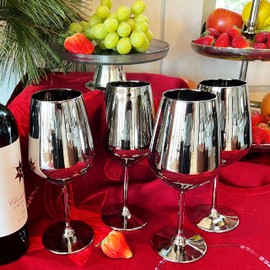 WHW Whole House Worlds Modernist Home Long Stem Wine Glasses, Set of 4, 16.5 oz, for Red and White Wine, Premium Lead-Free Glassware Set, Silver, (490 ml) Dishwasher Safe