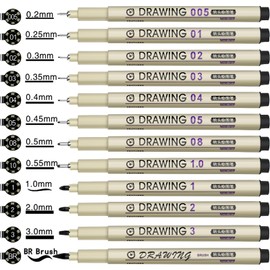 Drawing Pens Micro Fineliner Art Pens: 12 Black Fine Line Markers Art Supplies Adults Artist Sketch Waterproof Archival Ink Watercolor Inking Fine Liner Manga Sketching Zentangle Stuff Micron Pen Set