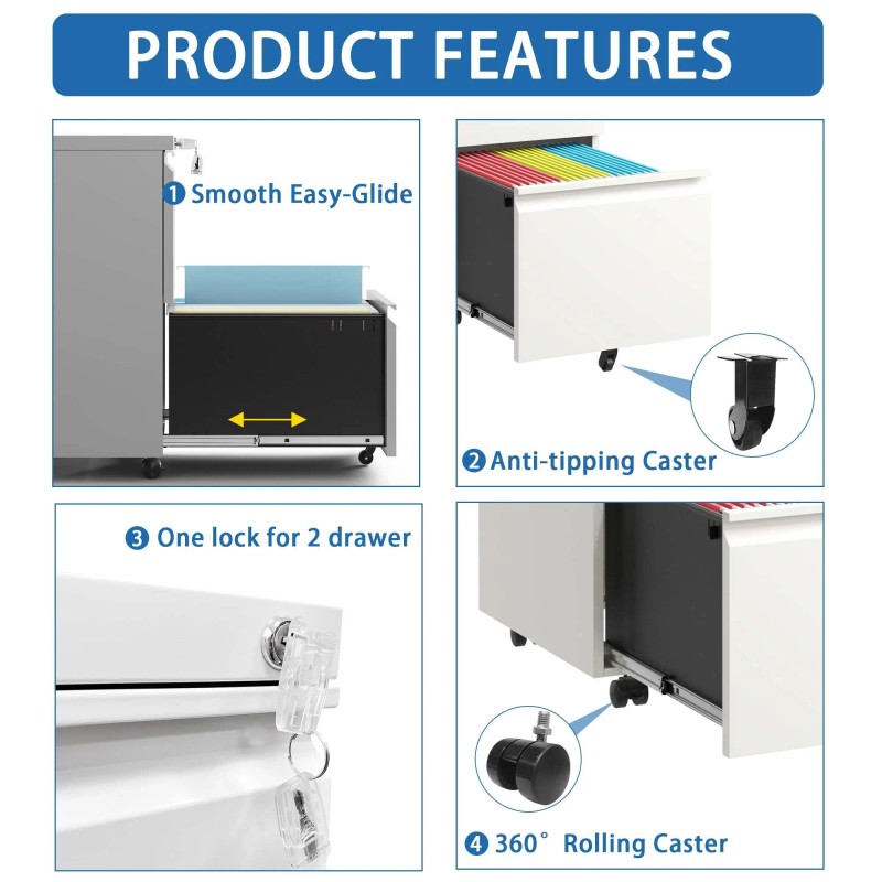 2 Drawer Metal Mobile File Cabinet Fully Assembled Rolling File