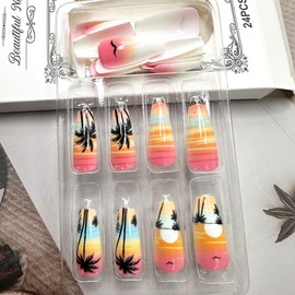 Spring Summer Press on Nails Medium Coffin Fake Nails Cute Colorful Gradient False Nails with Beach Sunset Design Gloss Full Cover Glue on Nails Reusable DIY Manicure for Women Girls 24Pcs