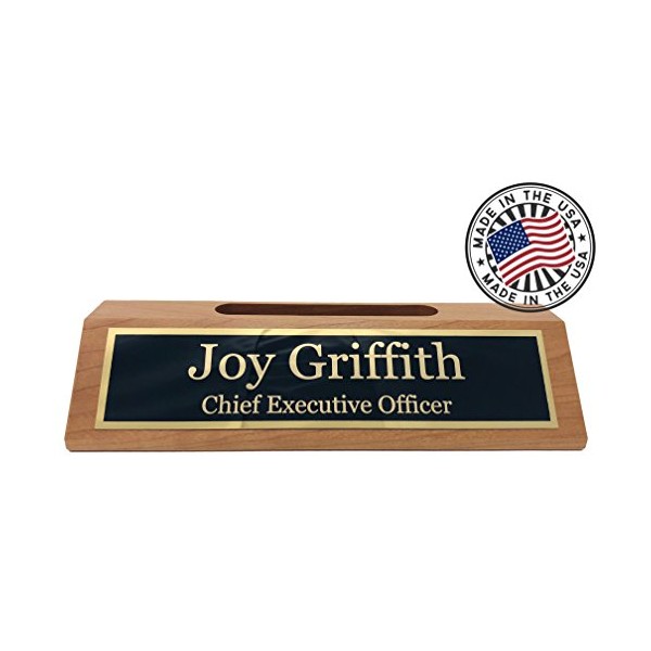 Personalized Desk Name Plate with Card Holder - Genuine Hardwood
