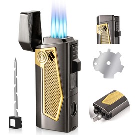 Reetsing 4 Torch Jet Flame Lighter with Punch & Holder - Refillable Butane Windproof Torch Lighter - Multi-Functional Lighter Accessory,Premium Gift for Men（Without Butane）