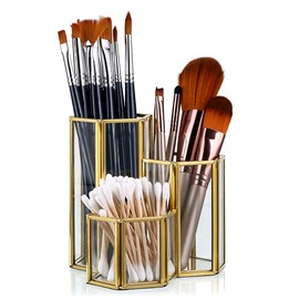 Sumnacon Tabletop Storage Case, Makeup Case, Cosmetic Storage Box, Transparent, Pen Stand, Pen Holder, Stylish, Makeup Brush, Stand, Stationery, Lipstick, Makeup Brush, Nail Color, Storage Case (Gold + White, Small)