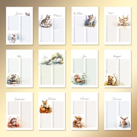 Birthday Calendar Undated Birthday Planner Wall Calendar A5 Perpetual Year-Independent Calendar Birthday Overview for Hanging Animal Design in Delicate Watercolour Forest Animals