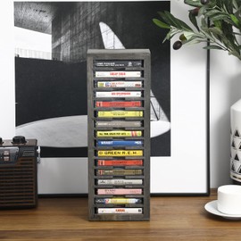 MyGift Vintage Gray Solid Wood Freestanding Retro Cassette Tape Holder Storage Rack Tower