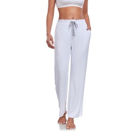 COLORFULLEAF Women's Bamboo Rayon Pajamas Pants Wide Leg Yoga Pants Casual Loose Cozy Sweatpants with Pockets (White, L)