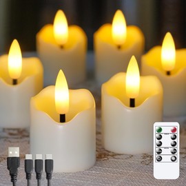 Zevanor Rechargeable Flameless LED Remote 1.6" x2.3" Tea Light Candles, Flickering Fake Plastic Ivory Cycle Timer 6 Pack Small Mini Votive Tealight Candles with Charging Cable
