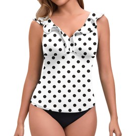 SERSARY Women's Tankini Top Single Bikini Swim Tank Top Long Swimwear Quick Drying Summer Padded Beachwear V-Neck Ruffle Adjustable Straps (Only Tankini Top, Polka Dots, L