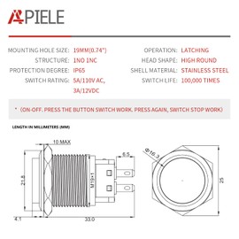 APIELE 19mm Latching Push Button Switch Round Waterproof Stainless Steel Metal High Flush 250V 5A 1NO 1NC SPDT 2PCS (High Round Latching)