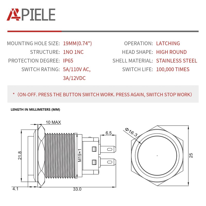 APIELE 19mm Latching Push Button Switch Round Waterproof Stainless Steel