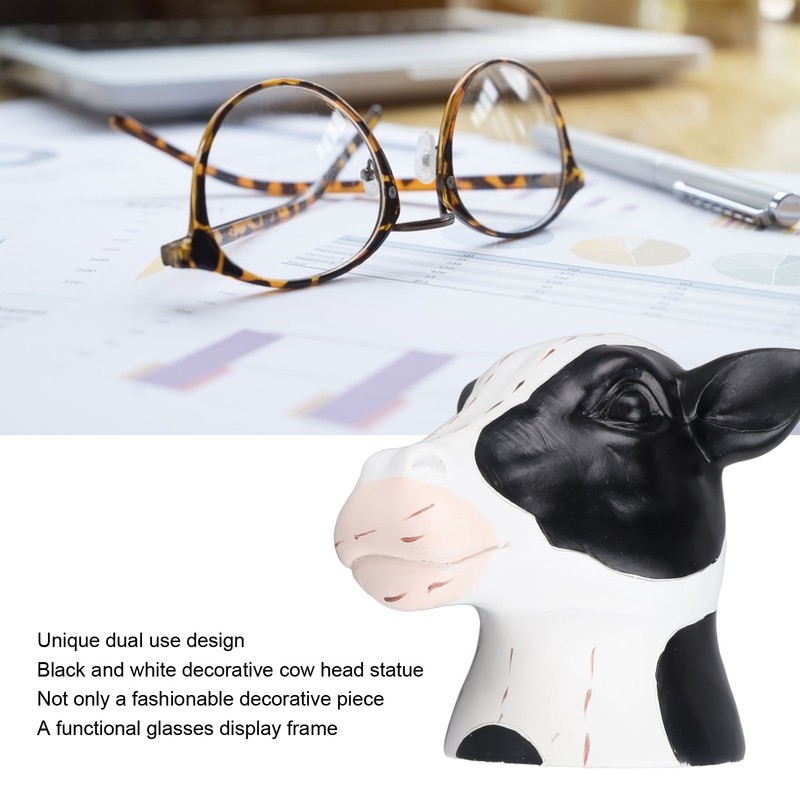 Black White Cow Head Wearing Glasses Statues Resin Stable Glasses