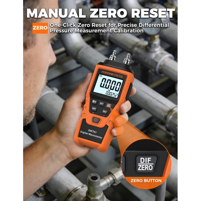 DMT01 Digital Manometer POROMETISTO, Manual Calibration Custom Zero
