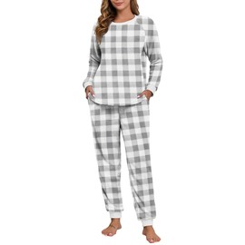 PrinStory Fluffy Pajamas for Women Soft Fleece Warm Pajama Set Fuzzy Pjs Winter 2 Piece Flannel Lounge Sets with Pockets FP-Gray Small Plaid-M
