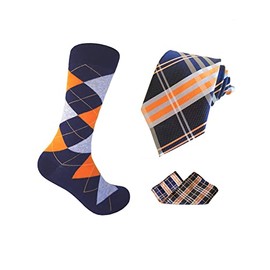 Conjunto de calcetines y corbata y bolsillo cuadrado para hombre, Azul marino/naranja/gris claro, Socks 10-13。Tie 60 "x3.5 "Pocket square:9.5"X9.5"