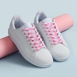 Stepace 2 Pairs Fashionable Double Layered Flat Colorful Shoelaces for Fashion Sneakers, 5/16" Premium Weave Replacement Laces for Boots and Casual Shoes (Pink and White, 55 Inches)