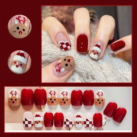 Folmywy Christmas Press on Nails 24pcs Xmas Short Pattern Elk Fake Nails with Design Full Cover False Nails Red Press on Nails Acrylic Nails for Women Girls