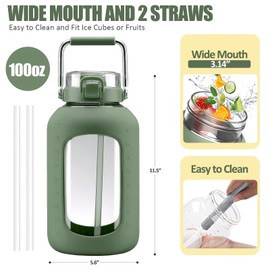 WINSA Large Glass Water Bottles with Stainless Steel Handle,100 oz Gallon Drinking Bottle with 2-in-1 Straw Lid,3 Liter Glass Water Jug with Silicone Sleeve,Wide Mouth,Olive