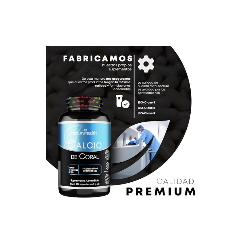 Natural Health. Calcio de Coral + Vitamina D3. Frasco con