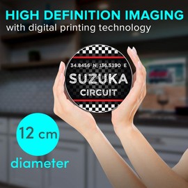 1 x Round Jumbo Size Coaster 12cm Suzuka Circuit Racing Checkered Flag Cork Backed MDF Glossy Tea Coffee Accessory #61153