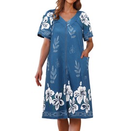 Ekouaer Women's Robe Zip Up Knee Length Bathrobe Zippered Floral Print Mumu Robe with Pockets Comfy Pleated Neckline Loungewear Robes Blue Floral S