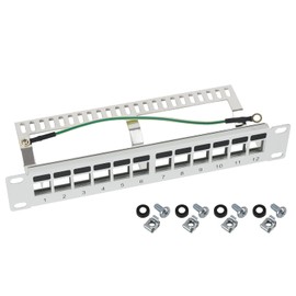 HMF 63346-07 STP Keystone Patch Panel for Server Cabinet, 10 Inch, 1 U, 12 Ports RJ45 Shielded, Light Grey