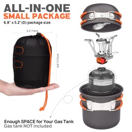 Gurukim 8pcs Camping Cookware Set, Camping Pot and Pan Set with Mini Backpacking Stove Stainless Steel Cup Spork and Tank Bracket Cleaning Tools Mesh Bag,Cooking Gear for Outdoor Hiking Picnic