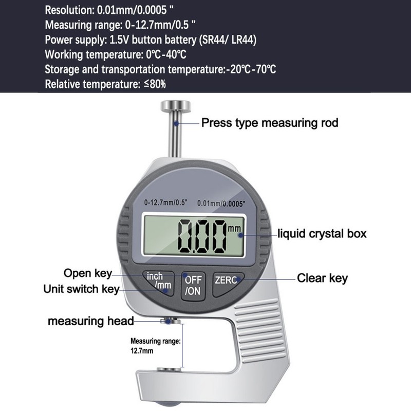 Digital Thickness Gauge Inch/ Metric Thickness Measuring Tools 0-0.5 Inch/