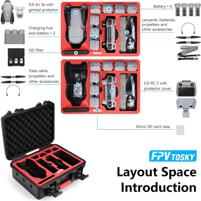 FPVtosky Hard Case for DJI Air 3S/Air 3 Drone/Fly More