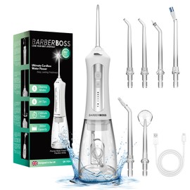 BarberBoss Water Flosser, Plaque Remover for Teeth, Oral Irrigator, Electric Flosser, Dental Flosser with 5 Nozzles and Cleaning Modes, Portable Oral Irrigator (White)