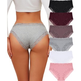 FINETOO Womens Underwear Cotton Bikini Underwear for Women Lace Wasit Hipster Panties Soft Breathable Briefs 6 Pack
