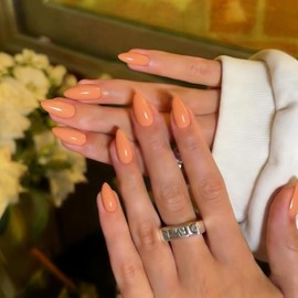 Uñas postizas cortas almendradas color naranja, con pegamento, kit de uñas postizas con pegamento en barra stiletto neutro brillante para mujer, juego