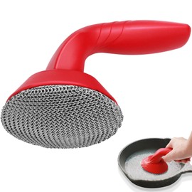 Cast Iron Cleaner Scrubber with Handle -3mm Welded Chain Mail Cast Iron Scrubber Brush-Chainmail Sponge Scrub Cleaning Tool to Clean Skillets, Pan,Griddle, Wok, Dutch Oven