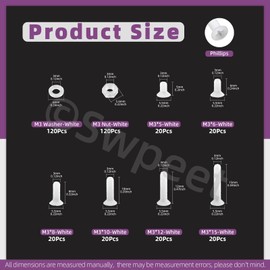 Swpeet 360Pcs 6 Sizes M3 White Nylon Phillips Cross Flat Head Screws with Nuts and Gaskets Assortment Kit, Nylon Countersunk Flat Head Screws, Threaded Nylon Machine Screws, Length 5/6/8/10/12/15mm