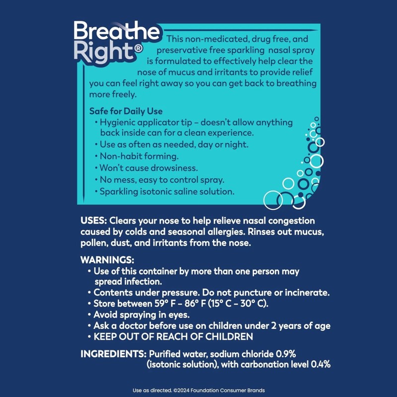 Breathe Right Sparkling Saline Nasal Rinse Spray – Effervescent, Drug-Free...