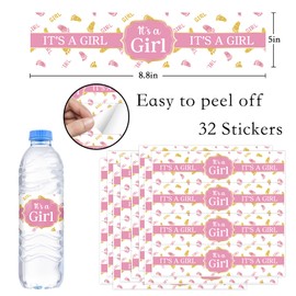 It's A Girl Water Bottle Labels Baby Shower Pink and Gold Water Bottle Stickers Girl Birthday Party Decorations Supplies Set of 32