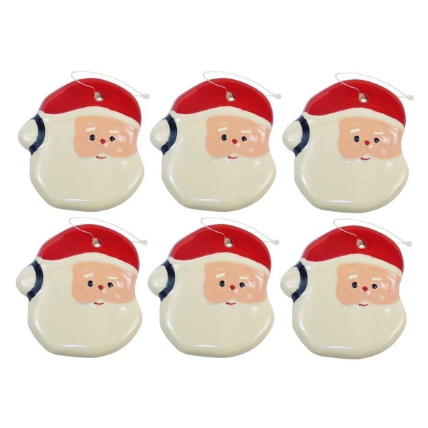 Santa Xmas Ornament - Shiny Glazed Earthenware Christmas Ornament Santa Face with Hanging String, Great Collection for The Holiday Tree Trimmings. Set of 6.