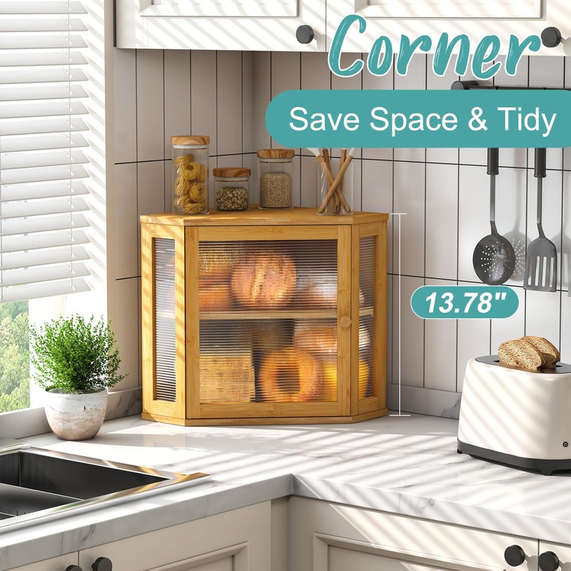 Vriccc Corner Bread Box, Bamboo Bread Box for Kitchen Countertop,