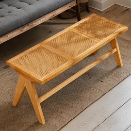 COMULER 45” Natural Rattan Entryway Bench Wicker Wood and Cane End of Bed Bench Farmhouse Wooden Dining Bench with Footrest for Kitchen Cane Bench Seat for Bedroom Hallway Foyer Living Room