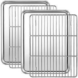 Small Baking Sheet with Cooling Rack Set [2 Baking Sheets + 2 Roast Racks], CEKEE Stainless Steel Small Cookie Sheets with Wire Rack, Nonstick, Heavy Duty & Dishwasher Safe, Size 9.33 x 6.96 x 1 Inch