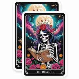 Reader Skeleton Stickers - Moon Flowers - Tarot Card Decal - The Reader Art - 2 Pack - 5" Wide Design - Adheres to Laptops, Tumblers, and More - Made in The USA - AQS3641