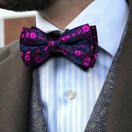 Barry.Wang Hot Pink Navy Blue Bow Tie for Men Floral Silk Pre-Tied Bowtie Pocket Square Cufflinks Set Formal Wedding Party Prom