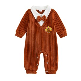Twopumpkin Baby Boy First Thanksgiving Outfit Newborn Trukey Knit Sweater Romper Long Sleeve Fleece Jumpsuit Warm Clothes (Turkey Brown, 12-18 Months)
