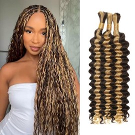 Human Braiding Hair for Boho Braids Human Hair 150g 22 Inch Deep Wave Ombre Highlight Boho Braids Human Hair No Weft Boho Human Braiding Hair Curly 6 Bundles/Pack P4/27