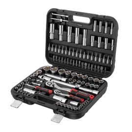 INTERTOOL Metric Socket Set Super Lock, 1/4-inch & 1/2-inch Drive, 110-Piece, Quick Release Ratchets, Extensions, Adapters, Bits, Screwdriver, Metal Latch Hard Case, Tool Gift, ET08-8110