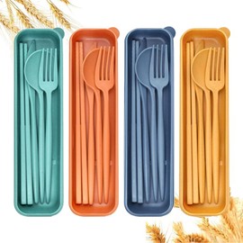 Lumbor37 Juegos de Cubiertos Portátiles Utensilios Reutilizables con Estuche, Cubertería Combinadas PortáTiles Paja de Trigo 4 Set, Los Palillos, Cuch