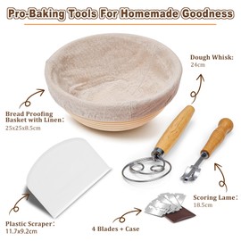 Joyfair Bread Proofing Basket, 10-Inch Round Natural Rattan Sourdough Proving Basket, Sourdough Starter Kit with Dough Whisk/Bread Lame/Dough Scraper/Linen Liner for Professional and Home Bakers